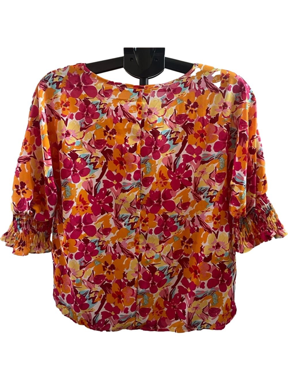 SHEIN Pink & Yellow Floral Ruffle-Sleeve Blouse, Size S, 100% Polyester - Picture 2 of 8